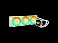 ASUS TUF Gaming LC III 360 ARGB White AIO cooler with pre-installed triple fans designed for high airflow and static pressure, plus an efficient pump to keep CPU temperatures under control