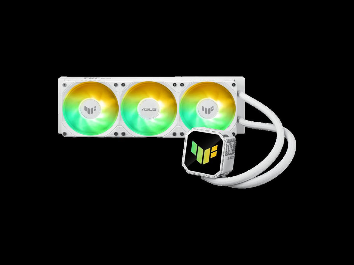 ASUS TUF Gaming LC III 360 ARGB White AIO cooler with pre-installed triple fans designed for high airflow and static pressure, plus an efficient pump to keep CPU temperatures under control