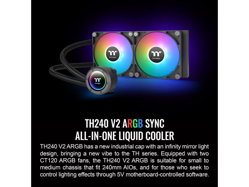 Thermaltake TH240 ARGB Sync V2 CPU Liquid Cooler/AlO Liquid Cooling/Fan 120mm*2/PWM 500~2000 RPM/Mirror Waterblock/MB ARGB Sync Control, CL-W361-PL12SW-A