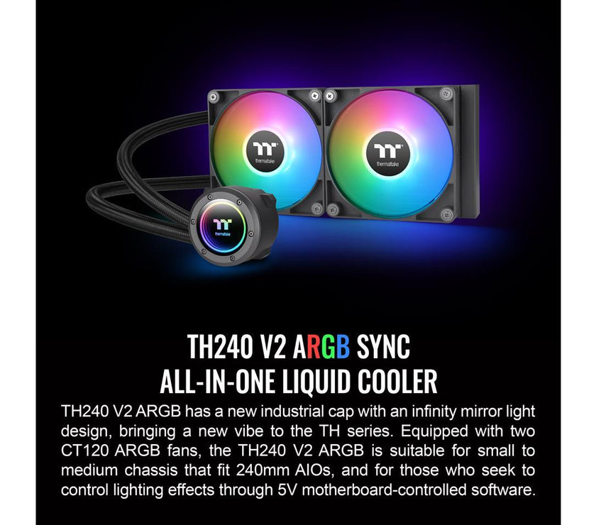 Thermaltake TH240 ARGB Sync V2 CPU Liquid Cooler/AlO Liquid Cooling/Fan 120mm*2/PWM 500~2000 RPM/Mirror Waterblock/MB ARGB Sync Control, CL-W361-PL12SW-A