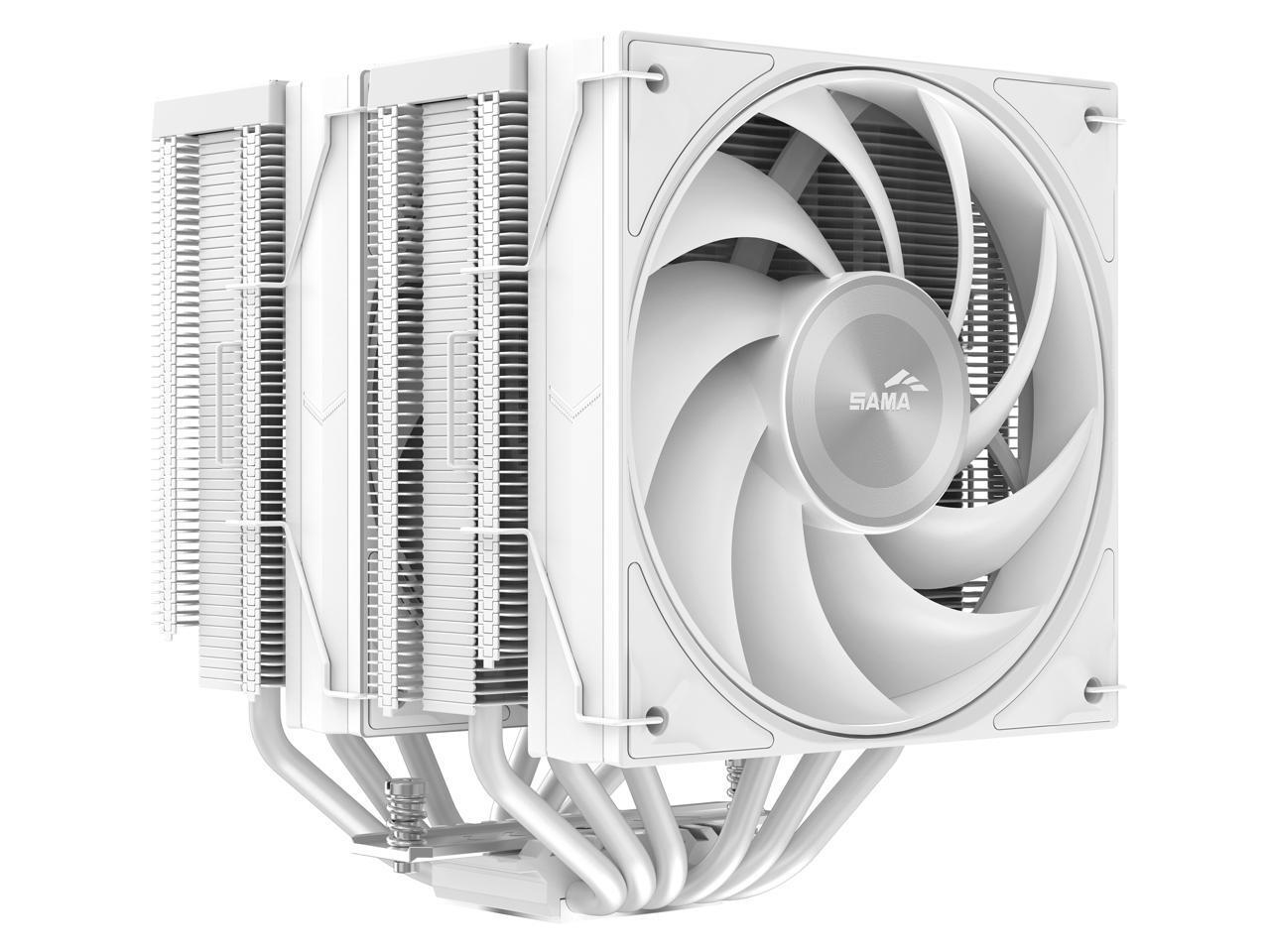 SAMA A60W Dual-Tower CPU Air Cooler Aluminum Top Cover 6 Copper Heat Pipes, Dual 120mm PWM Fans, for AMD AM4/AM5, Intel LGA 1700/1150/1151/1200/1851 Thermal Grease/White