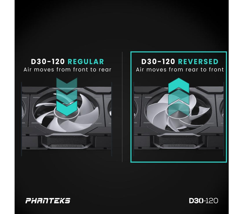 Phanteks D30-120 DRGB PWM Fan, Reverse Airflow Model, Premium D-RGB Performance Fan, ARGB/DRGB lighting, Daisy-chain Fan Linking system, Black