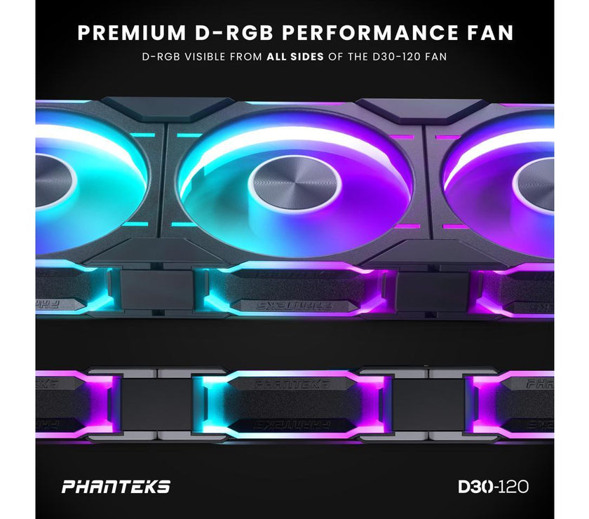 Phanteks D30-120 DRGB PWM Fan, Reverse Airflow Model, Premium D-RGB Performance Fan, ARGB/DRGB lighting, Daisy-chain Fan Linking system, Black