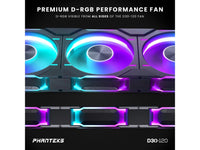 Phanteks D30-120 DRGB PWM Fan, Reverse Airflow Model, Premium D-RGB Performance Fan, ARGB/DRGB lighting, Daisy-chain Fan Linking system, Black