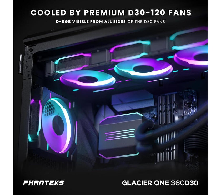 Phanteks Glacier One 360D30 Premium D-RGB AIO Liquid CPU Cooler, DRGB Pump Cap Design, 3x D30 120mm PWM D-RGB Fans, Black