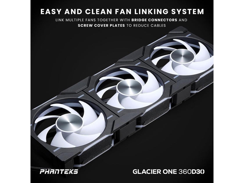 Phanteks Glacier One 360D30 Premium D-RGB AIO Liquid CPU Cooler, DRGB Pump Cap Design, 3x D30 120mm PWM D-RGB Fans, Black