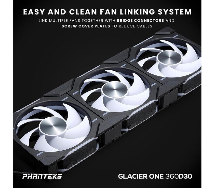 Phanteks Glacier One 360D30 Premium D-RGB AIO Liquid CPU Cooler, DRGB Pump Cap Design, 3x D30 120mm PWM D-RGB Fans, Black