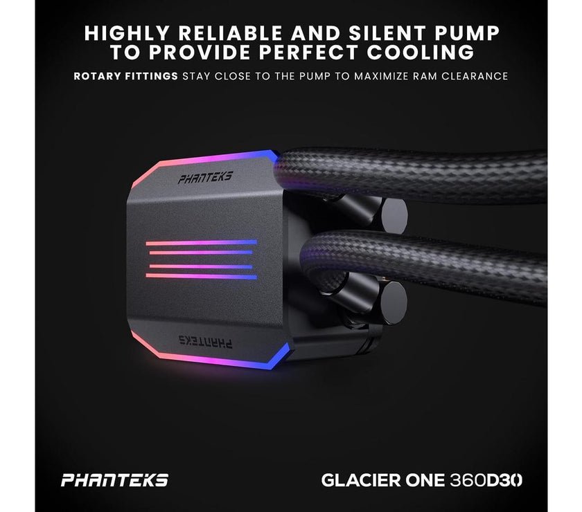 Phanteks Glacier One 360D30 Premium D-RGB AIO Liquid CPU Cooler, DRGB Pump Cap Design, 3x D30 120mm PWM D-RGB Fans, Black