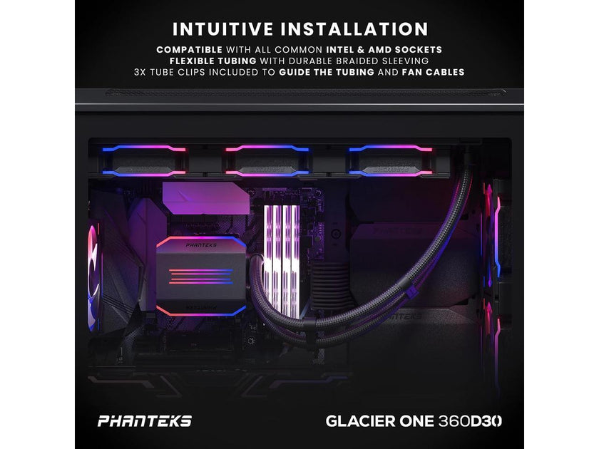 Phanteks Glacier One 360D30 Premium D-RGB AIO Liquid CPU Cooler, DRGB Pump Cap Design, 3x D30 120mm PWM D-RGB Fans, Black