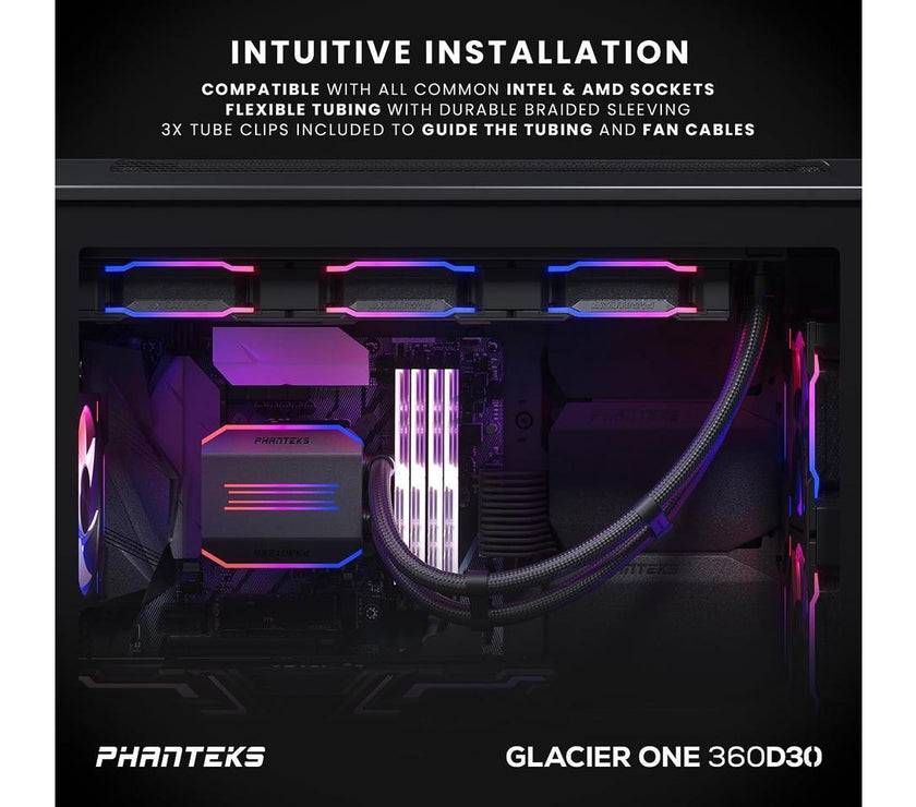 Phanteks Glacier One 360D30 Premium D-RGB AIO Liquid CPU Cooler, DRGB Pump Cap Design, 3x D30 120mm PWM D-RGB Fans, Black