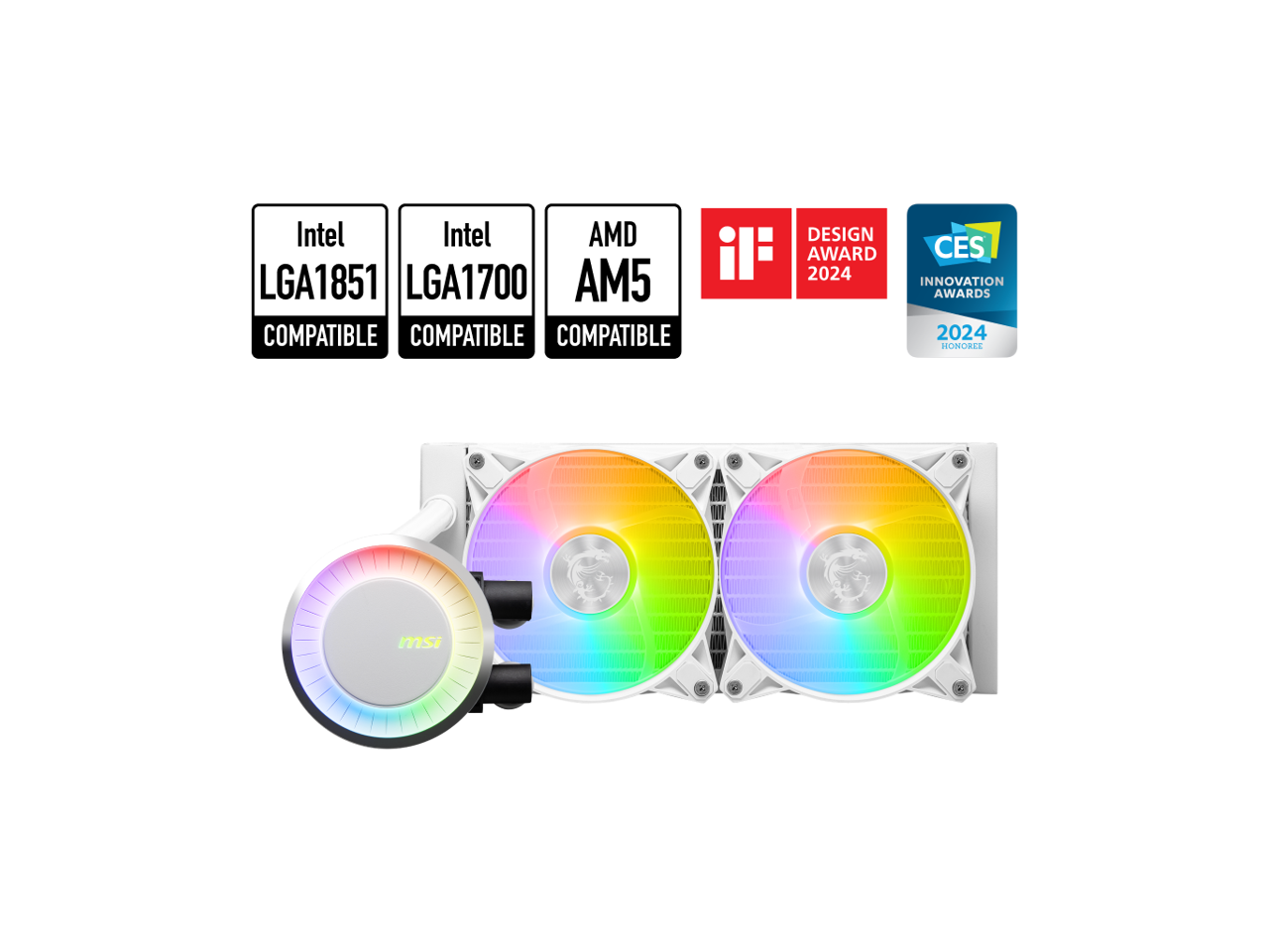 MSI MAG CoreLiquid E240 White - AIO ARGB CPU Liquid Cooler - Rotating Cap Design - 240mm Radiator - Dual 120mm ARGB PWM Fans - LGA 1700 Ready / AM5 Compatible