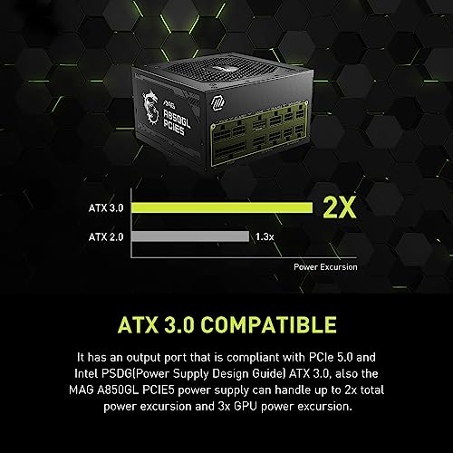 MSI MAG A850GL PCIE5, Fully Modular Compact Gaming 850W Power Supply, 80+ Gold, ATX 3.1 & PCIe 5.1 Ready, Native Dual-Color 12V-2x6 Cable, 10 Year Warranty
