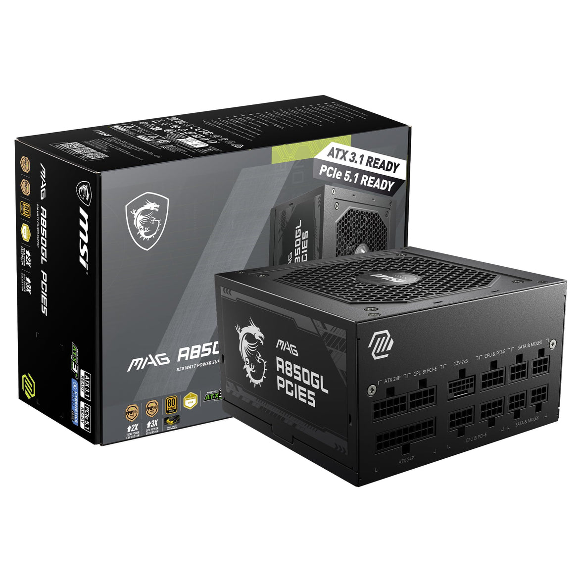 MSI MAG A850GL PCIE5, Fully Modular Compact Gaming 850W Power Supply, 80+ Gold, ATX 3.1 & PCIe 5.1 Ready, Native Dual-Color 12V-2x6 Cable, 10 Year Warranty
