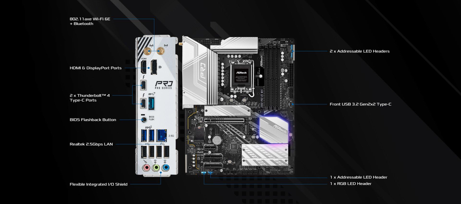 ASRock Z890 Pro RS WiFi 6E Intel Core Ultra LGA1851 RL-ILM ATX Motherboard DDR5 8666 MHz 256 GB Thunderbolt M.2