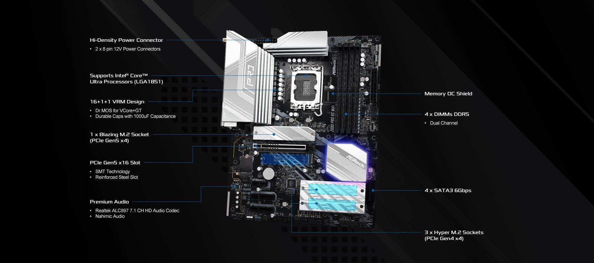 ASRock Z890 Pro RS WiFi 6E Intel Core Ultra LGA1851 RL-ILM ATX Motherboard DDR5 8666 MHz 256 GB Thunderbolt M.2