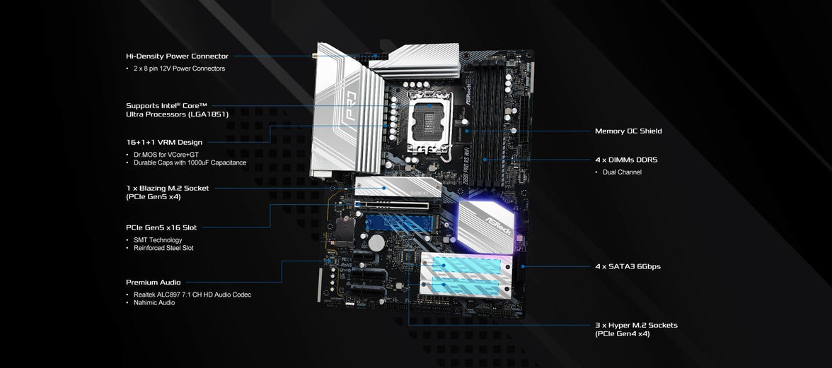 ASRock Z890 Pro RS WiFi 6E Intel Core Ultra LGA1851 RL-ILM ATX Motherboard DDR5 8666 MHz 256 GB Thunderbolt M.2