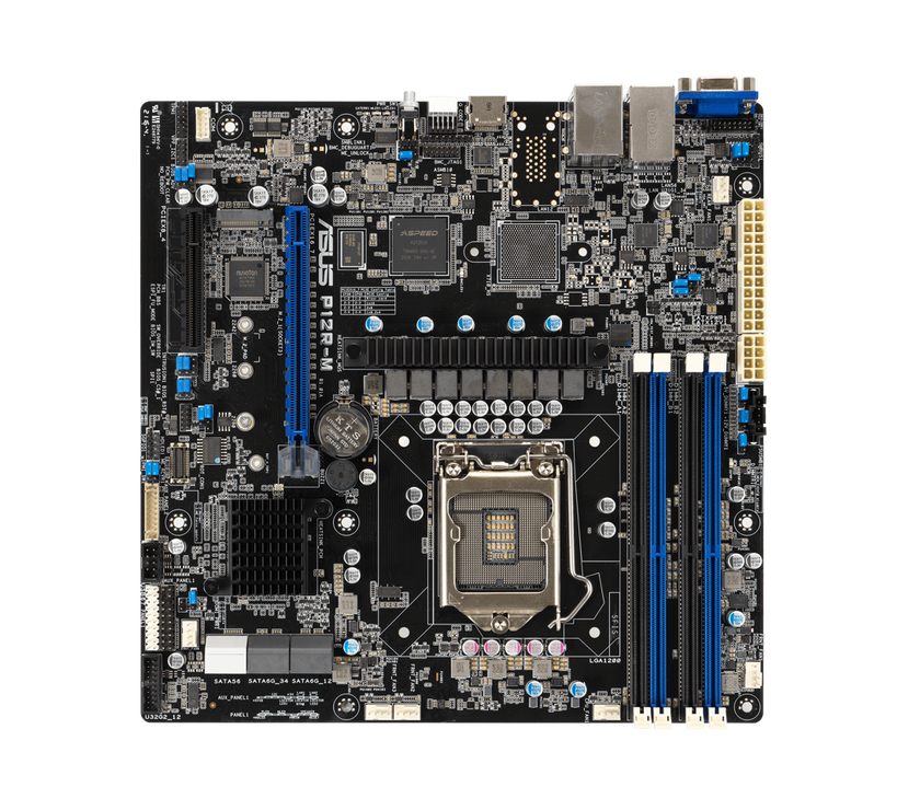 Intel® Xeon® E-2300 LGA 1200 Micro-ATX server motherboard with four DIMM and one M.2 slot, plus dual LAN, six SATA, one HDMI, two PCIe 4.0 slots, two USB 3.2 Gen 2, Platform Firmware Resilience (PFR) and ASUS ASMB10-iKVM