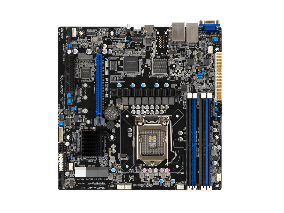 Intel® Xeon® E-2300 LGA 1200 Micro-ATX server motherboard with four DIMM and one M.2 slot, plus dual LAN, six SATA, one HDMI, two PCIe 4.0 slots, two USB 3.2 Gen 2, Platform Firmware Resilience (PFR) and ASUS ASMB10-iKVM
