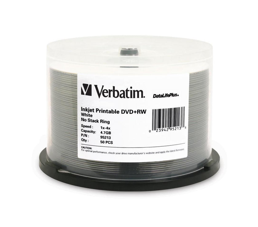 Verbatim 95213 Verbatim DVD+RW 4.7GB 4X DataLifePlus White Inkjet Printable - 50pk Spindle - 4.7GB - 50 Pack