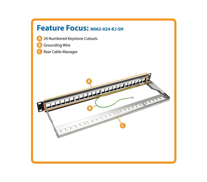 TRIPP LITE N062-024-KJ-SH 1U Rack-Mount Shielded Blank Keystone/Multimedia Patch Panel, RJ45 Ethernet, USB, HDMI, Cat5e/6