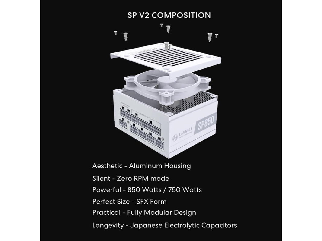 Lian Li SP850 Gold - 850 Watt SFX Form Factor Power Supply with Native 12V-2x6 Cable - Low Noise - 80 Plus Gold Efficiency - ATX 3.1 & PCIe 5.0 Compliant - 92mm FDB Fan - 10-Year - White (SP850G.W)