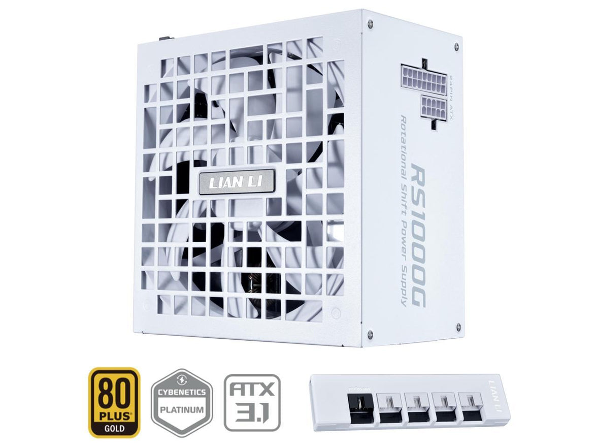 Lian Li RS 1000W Rotational Shift Fully Modular ATX Power Supply (W/USB Fan Hub) 90 AC Inlet, Cybenetics Platinum, 80+ Gold, ATX 3.1, PCIe 5.1, 12V-26 Cable, 10 Year Warranty, White (RS1000G.WH)