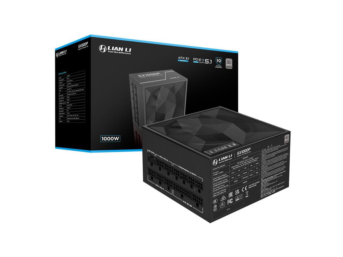 Lian Li SX Platinum 1000W SXP Compact ATX Form Factor Power Supply w/ 12V-2x6 Cable - ATX 3.1 & PCIE 5.1 Compliant - 140mm Fan - Full Modular - 10 Year Warranty - Black (SX1000P.B)