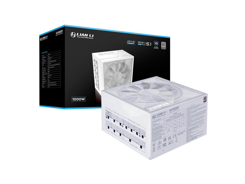 Lian Li SX Platinum 1000W SXP Compact ATX Form Factor Power Supply w/ 12V-2x6 Cable - ATX 3.1 & PCIE 5.1 Compliant - 140mm Fan - Full Modular - 10 Year Warranty - White (SX1000P.W)