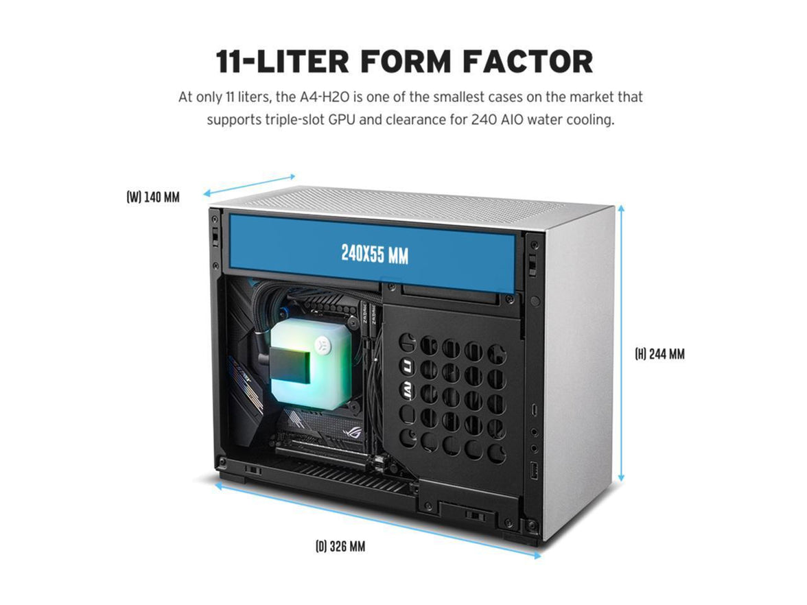 Lian Li A4-H2O Mini-ITX PC Case, Triple-Slot Mount GPU, Aluminum Exterior & SPCC Steel Interior, 240mm AIO, SFX Sandwich Layout, PCIe 5.0, Supports SFX/SFX-L PSU - (A4-H2OA5 Silver)