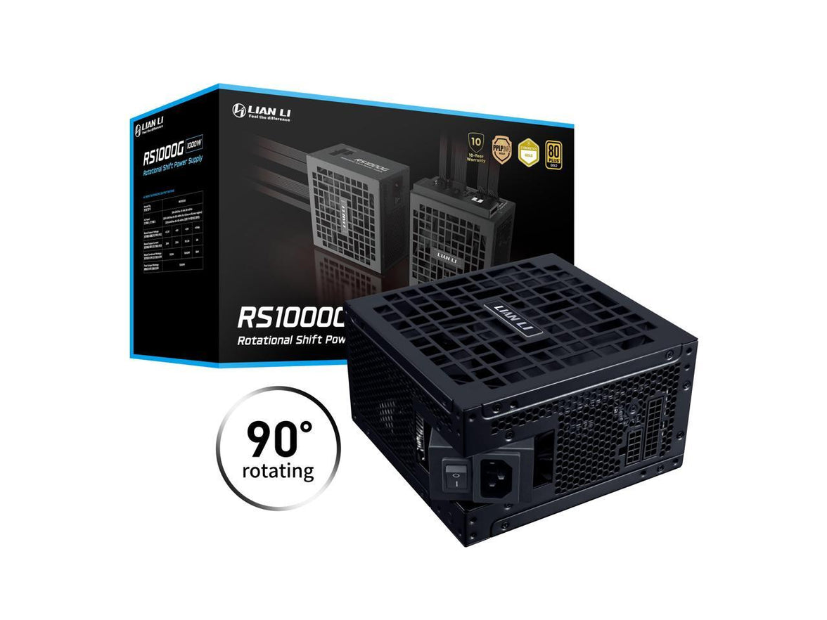 Lian Li RS 1000W Rotational Shift Fully Modular ATX Power Supply (W/ USB Fan Hub) 90 AC inlet,Cybenetics Platinum, 80+ Gold, ATX 3.1, PCle 5.1, 12V-2x6 Cable, 10 Year Warranty, Black(RS1000G.BH)