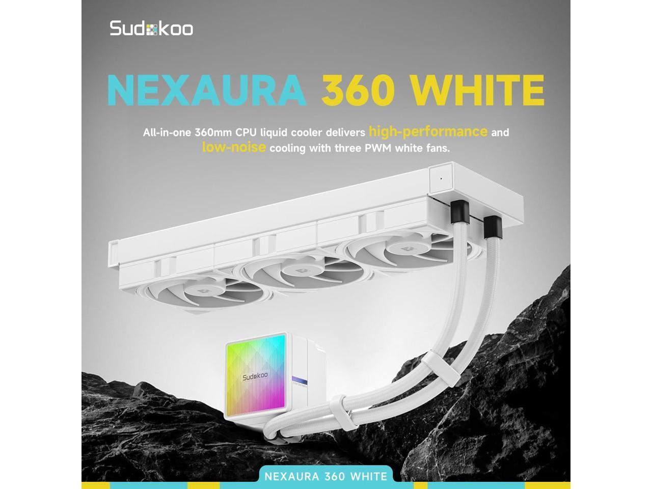 Sudokoo NEXAURA 360 White Liquid CPU Cooler: 360mm AIO CPU Cooler with PWM Pump & ARGB Pump Head - Water Cooling with FDB Fans for Intel LGA 1851/1700/1200/115X AMD AM5/AM4