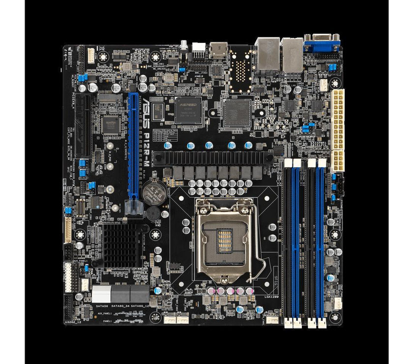 Intel® Xeon® E-2300 LGA 1200 Micro-ATX server motherboard with four DIMM and one M.2 slot, plus dual LAN, six SATA, one HDMI, two PCIe 4.0 slots, two USB 3.2 Gen 2, Platform Firmware Resilience (PFR) and ASUS ASMB10-iKVM